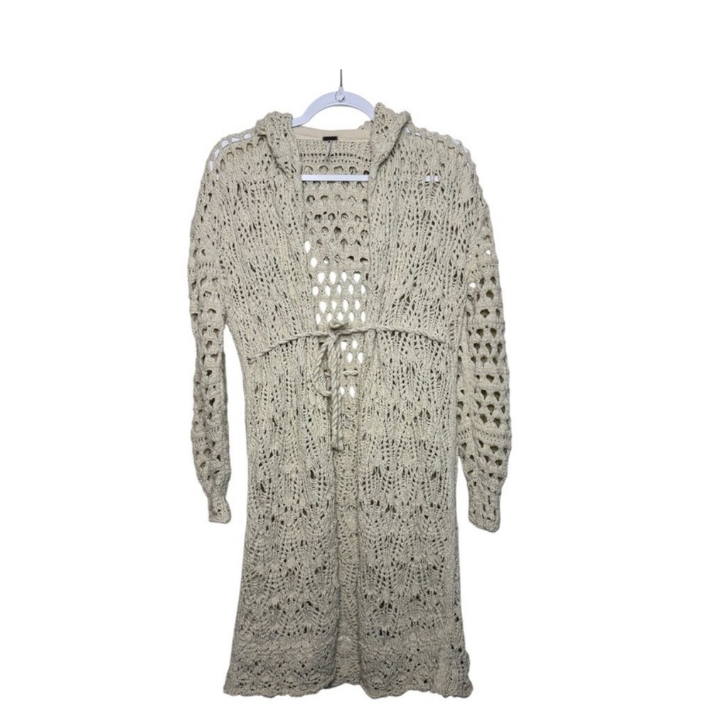Free People Cream Sweet Talker Crochet‎ Hooded Cardigan Duster Open Front Tie XS